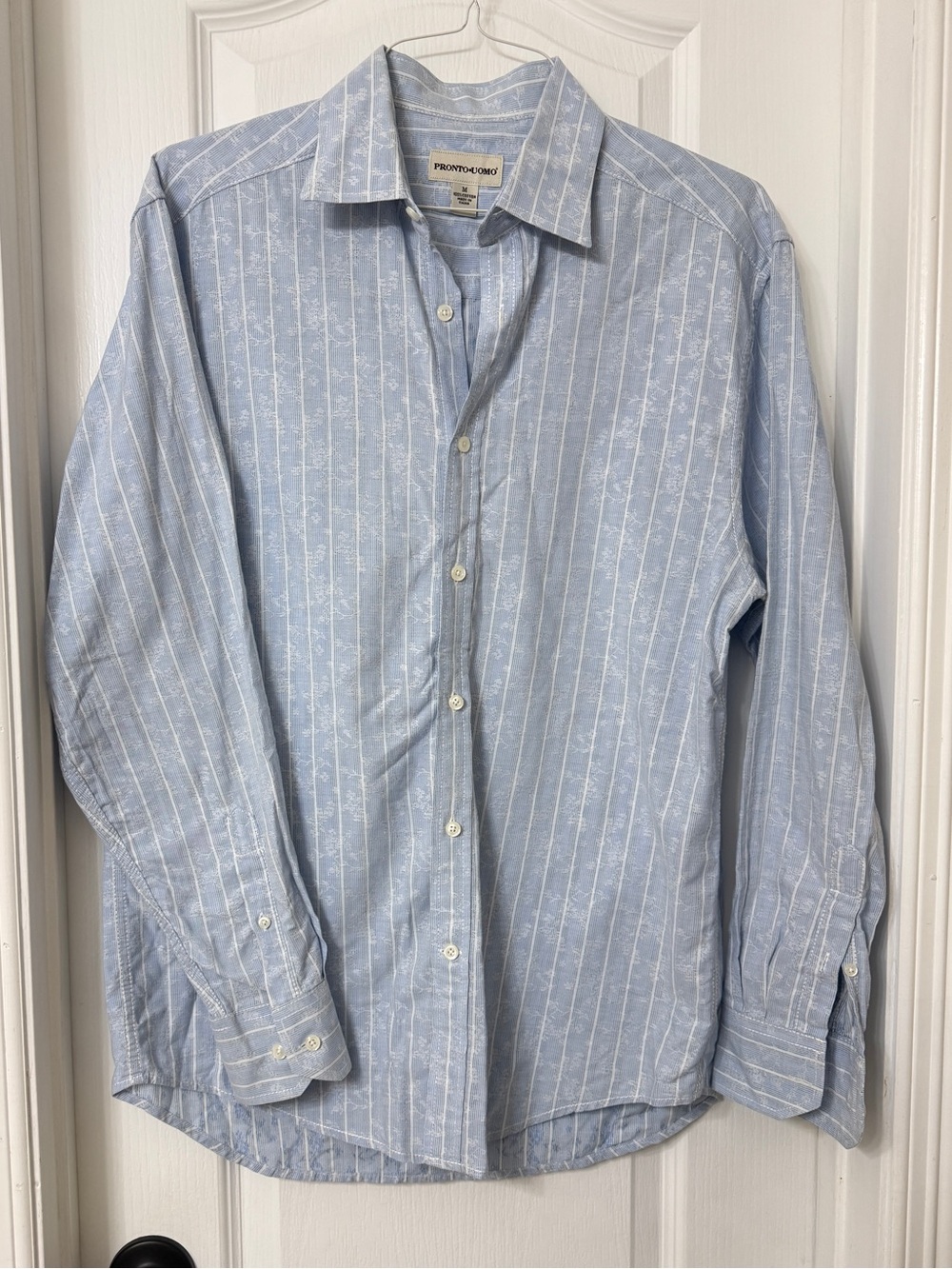 Pronto Uomo Men's Blue Striped Long Sleeve Button down Shirt 100% Cotton Size M